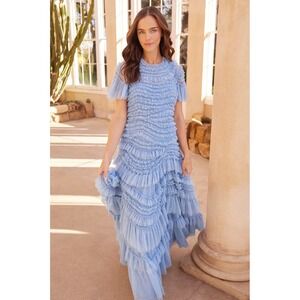 Needle And Thread Wild Rose Short Sleeve Ruffle Dress Porcelain Blue US 6